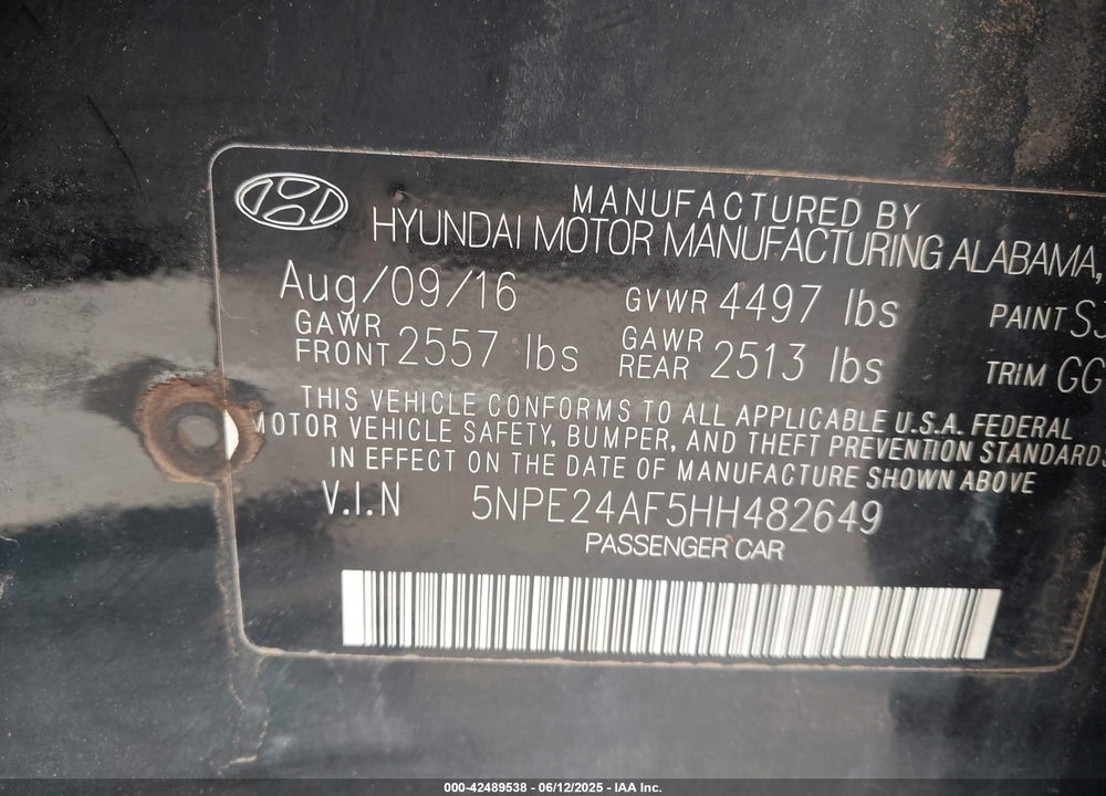 2017 HYUNDAI SONATA VIN: 5NPE24AF5HH482649