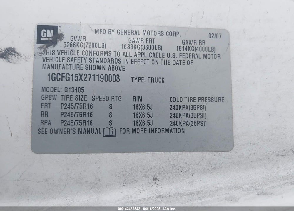 2007 CHEVROLET EXPRESS WORK VAN VIN: 1GCFG15X271190003