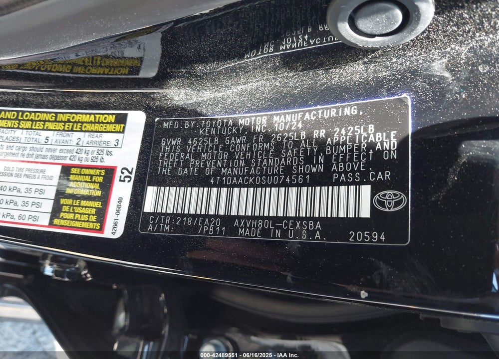 2025 TOYOTA CAMRY VIN: 4T1DAACK0SU074561