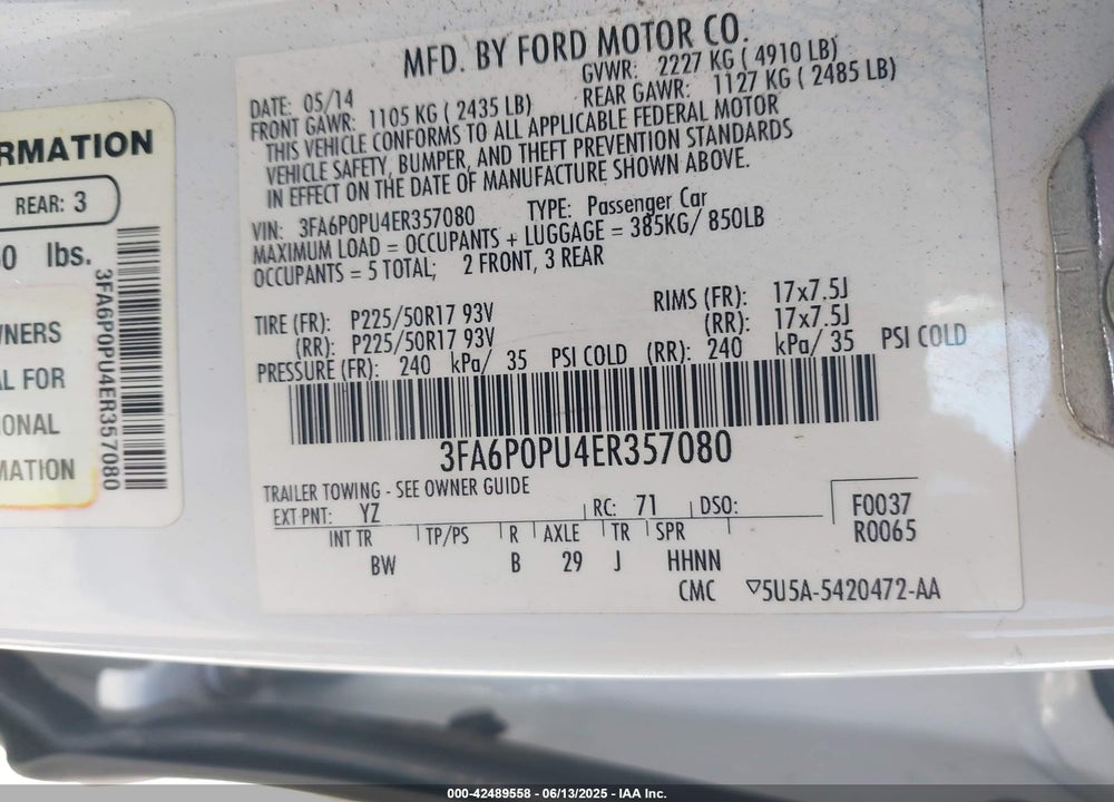 2014 FORD FUSION ENERGI SE LUXURY VIN: 3FA6P0PU4ER357080