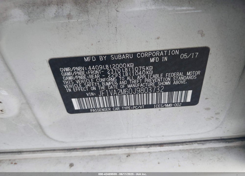 2018 SUBARU WRX STI VIN: JF1VA2M60J9803732