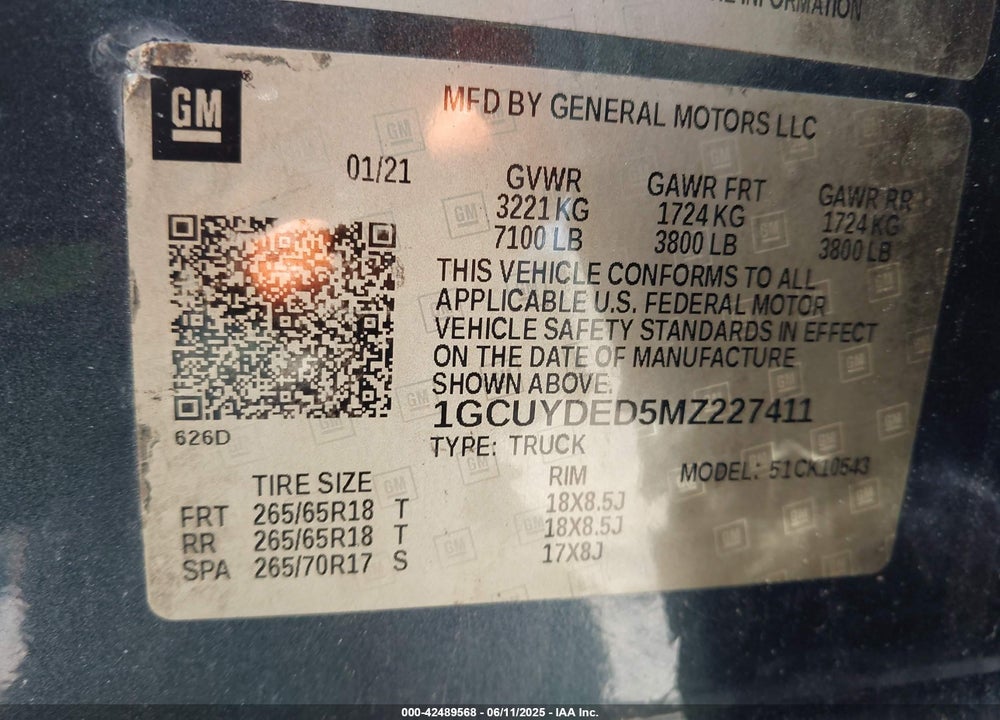 2021 CHEVROLET SILVERADO 1500 VIN: 1GCUYDED5MZ227411