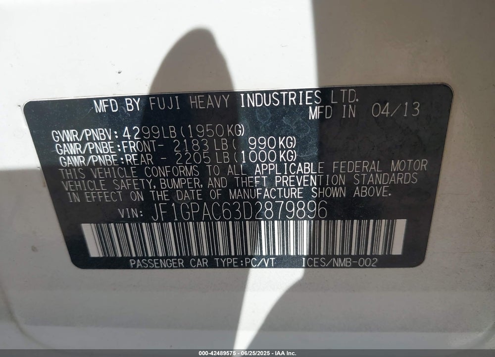 2013 SUBARU IMPREZA VIN: JF1GPAC63D2879896