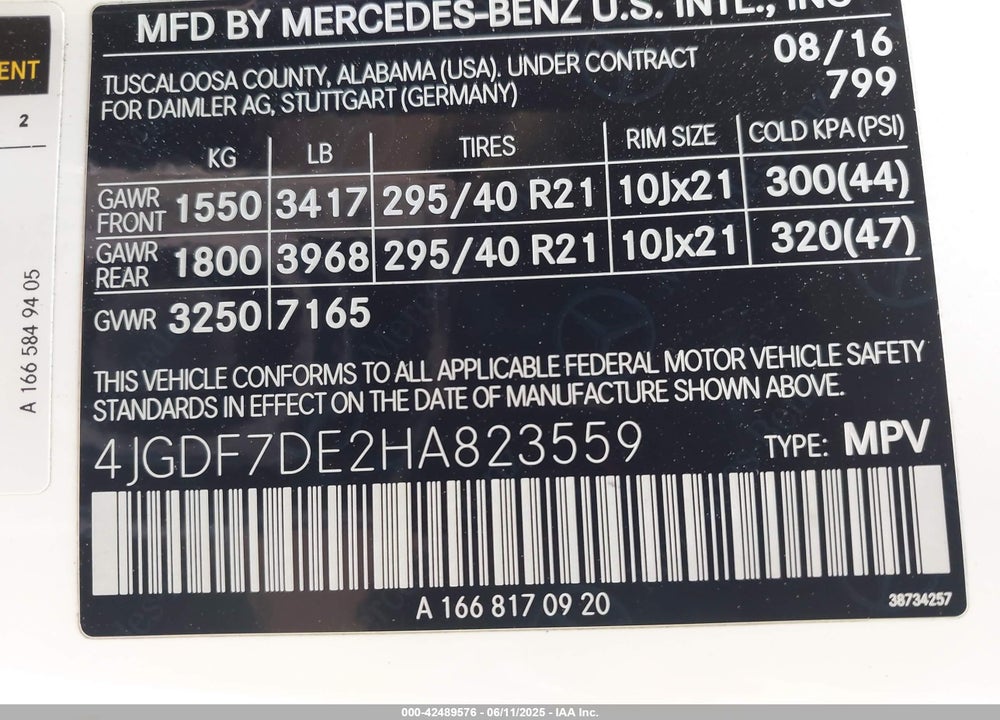 2017 MERCEDES-BENZ GLS-CLASS VIN: 4JGDF7DE2HA823559