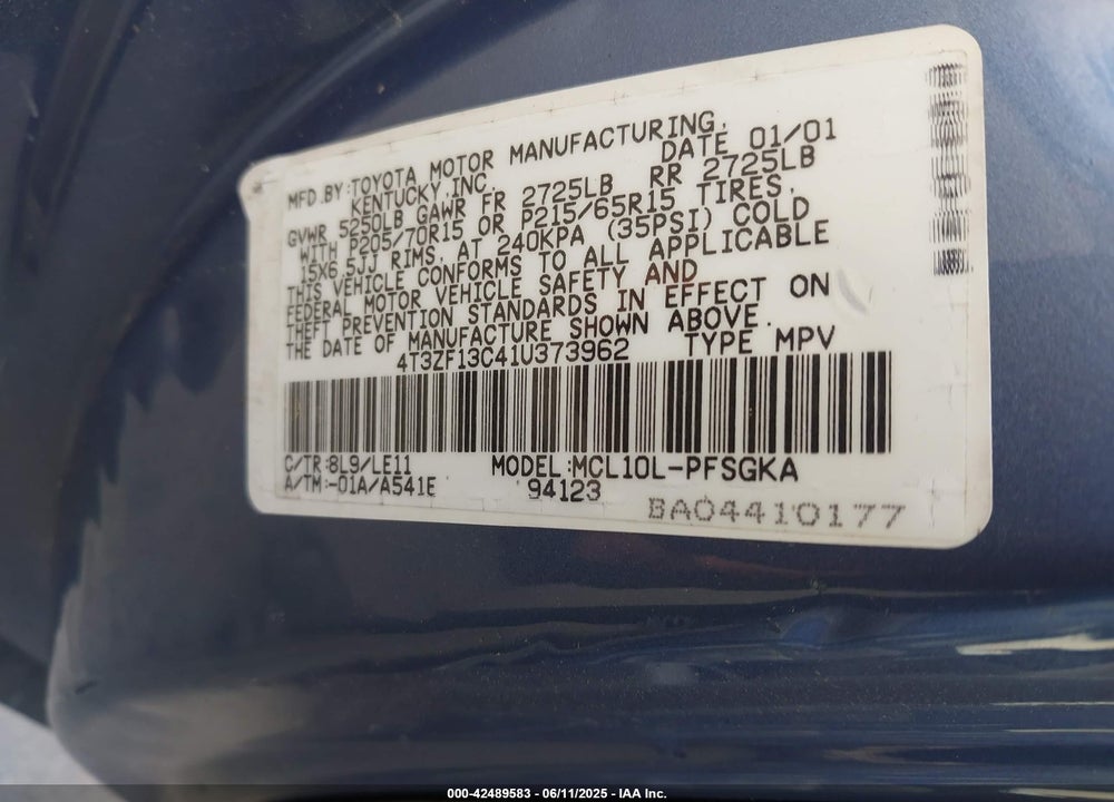 2001 TOYOTA SIENNA XLE VIN: 4T3ZF13C41U373962