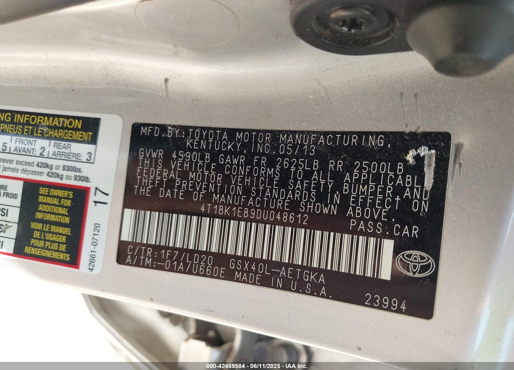 2013 TOYOTA AVALON XLE VIN: 4T1BK1EB9DU048612