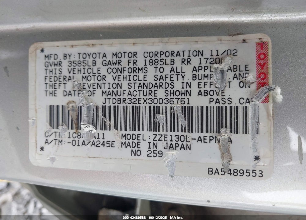 2003 TOYOTA COROLLA LE VIN: JTDBR32EX30036761