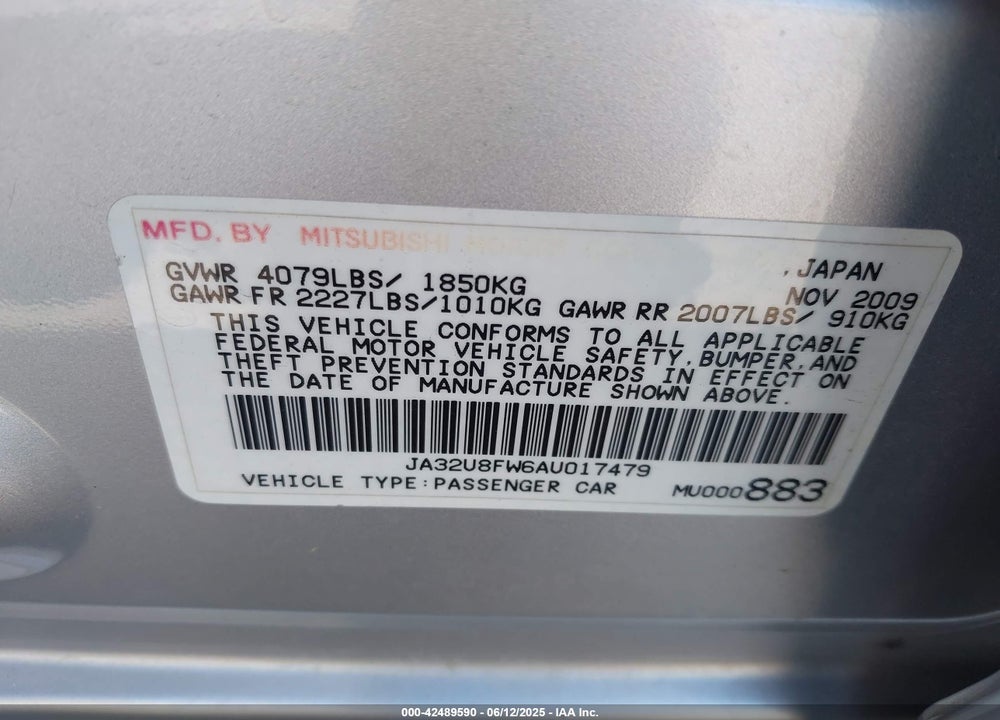 2010 MITSUBISHI LANCER GTS VIN: JA32U8FW6AU017479