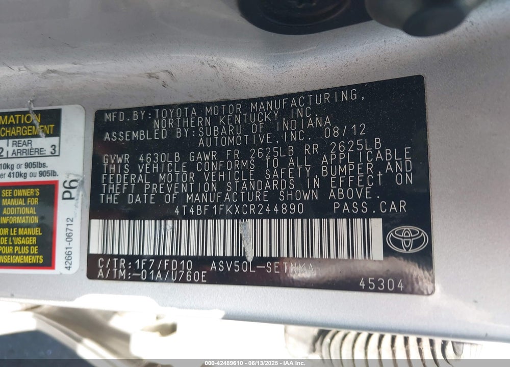 2012 TOYOTA CAMRY LE VIN: 4T4BF1FKXCR244890