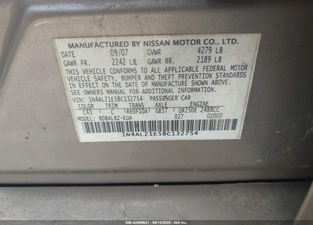 2008 NISSAN ALTIMA VIN: 1N4AL21E58C132754