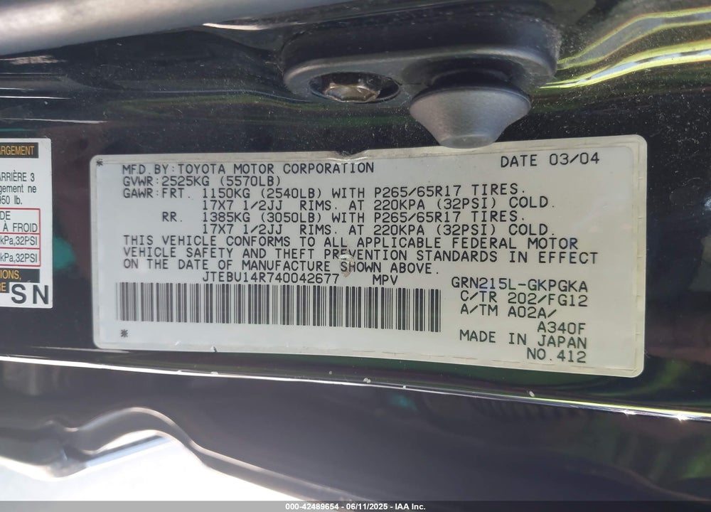 2004 TOYOTA 4RUNNER VIN: JTEBU14R740042677