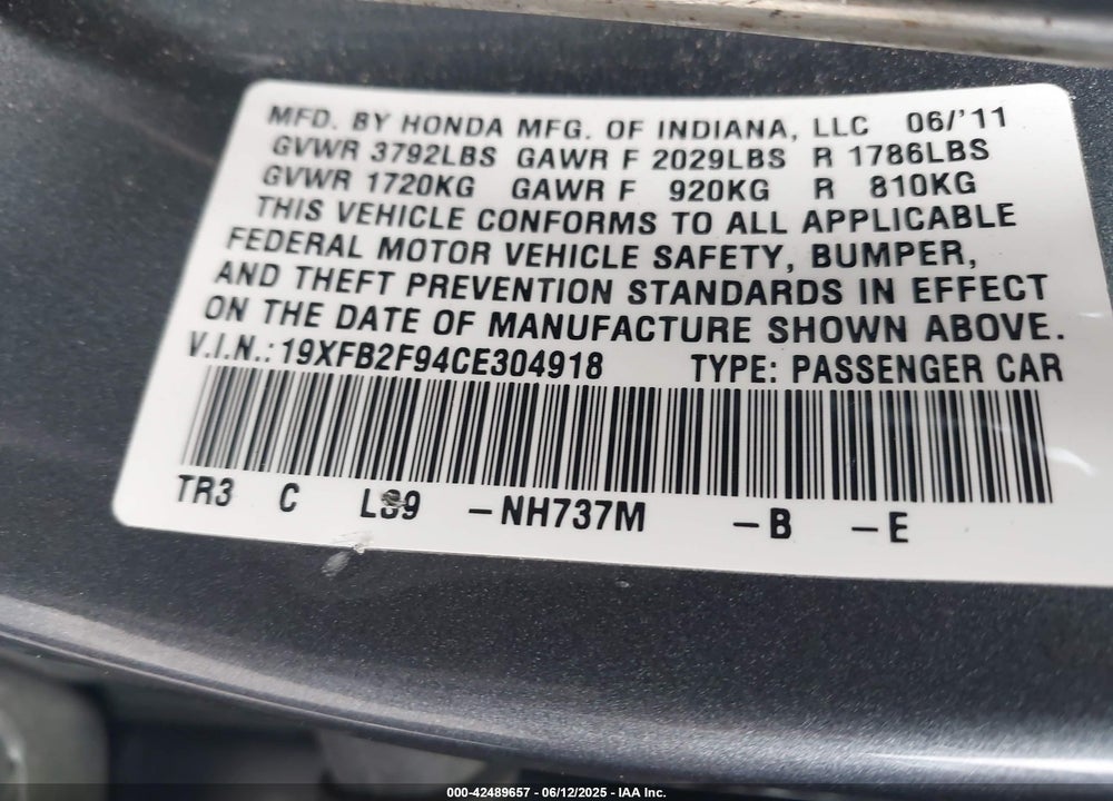 2012 HONDA CIVIC VIN: 19XFB2F94CE304918