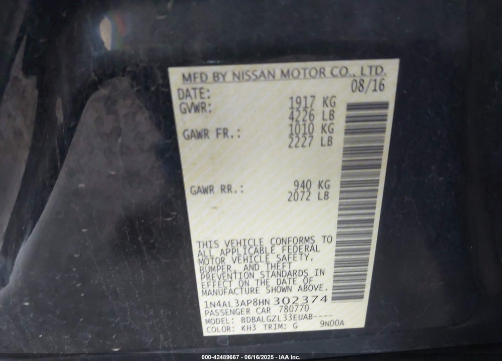 2017 NISSAN ALTIMA VIN: 1N4AL3AP8HN302374