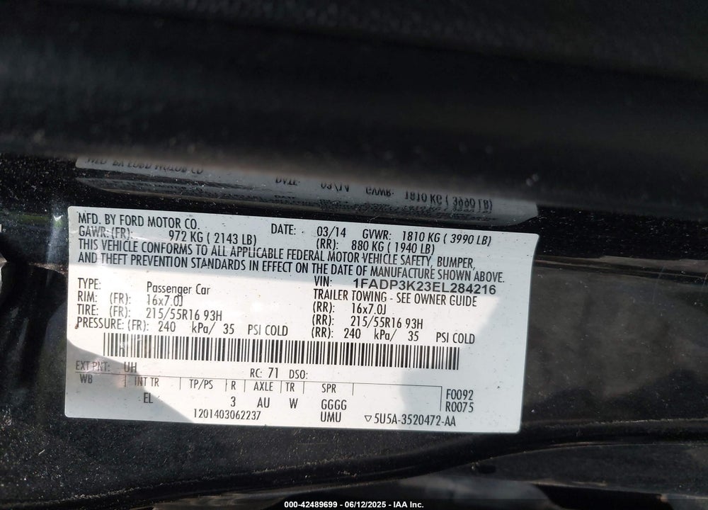 2014 FORD FOCUS SE VIN: 1FADP3K23EL284216