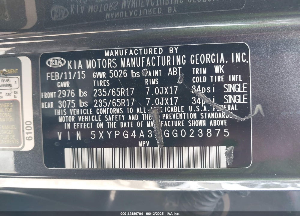 2016 KIA SORENTO VIN: 5XYPG4A32GG023875