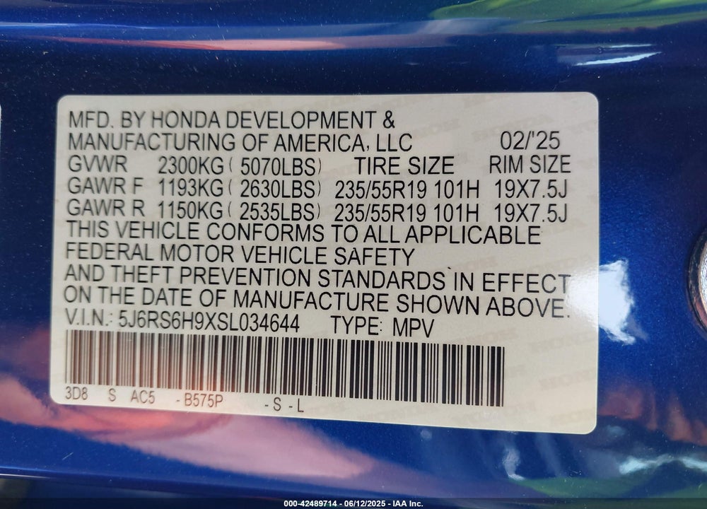 2025 HONDA CR-V VIN: 5J6RS6H9XSL034644