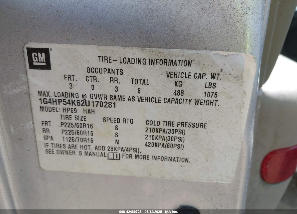 2002 BUICK LESABRE CUSTOM VIN: 1G4HP54K62U170281