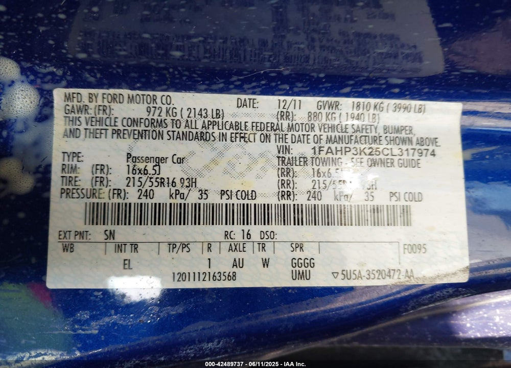 2012 FORD FOCUS SE VIN: 1FAHP3K25CL317974