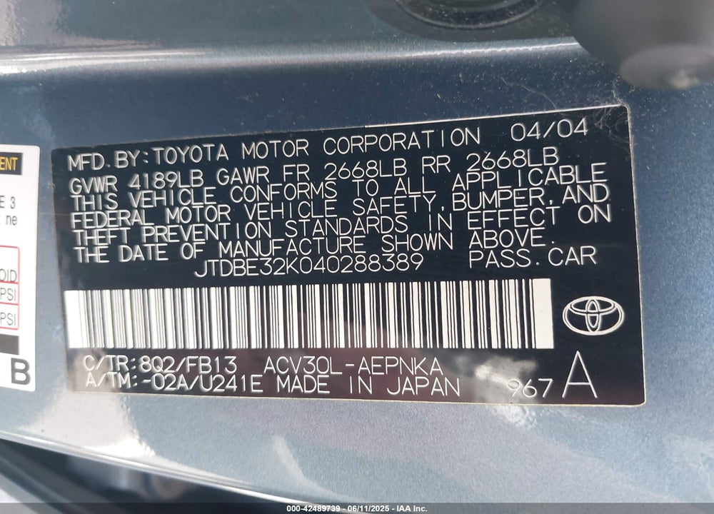 2004 TOYOTA CAMRY VIN: JTDBE32K040288389
