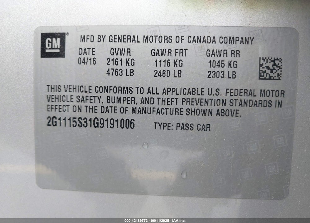 2016 CHEVROLET IMPALA VIN: 2G1115S31G9191006