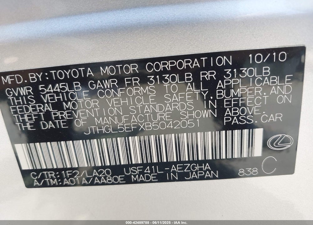 2011 LEXUS LS 460 L VIN: JTHGL5EFXB5042051