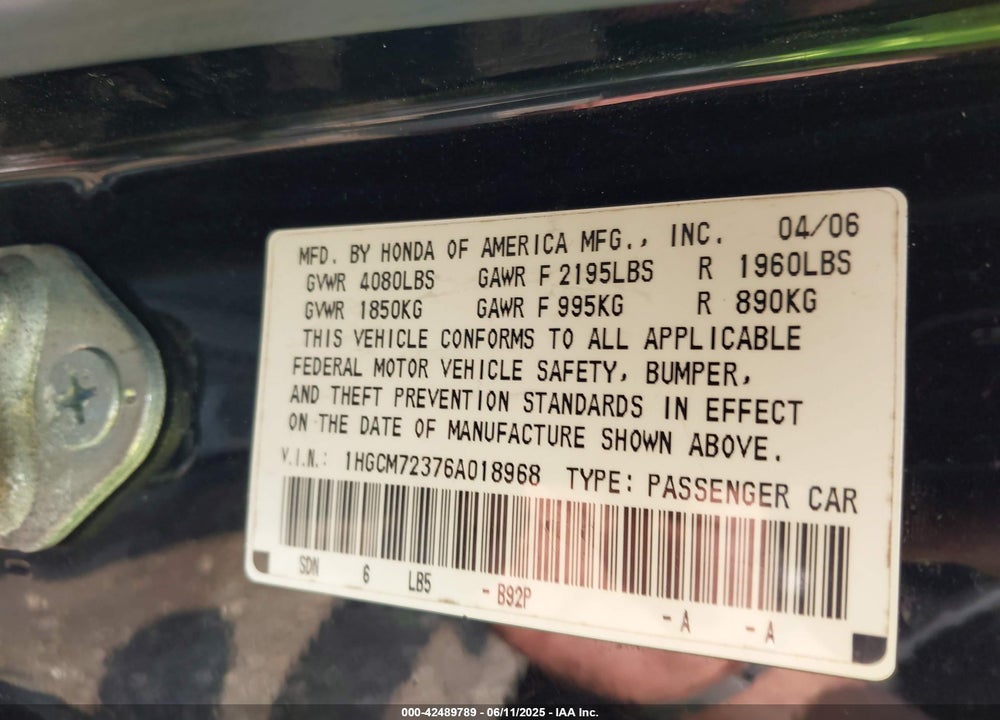2006 HONDA ACCORD VIN: 1HGCM72376A018968
