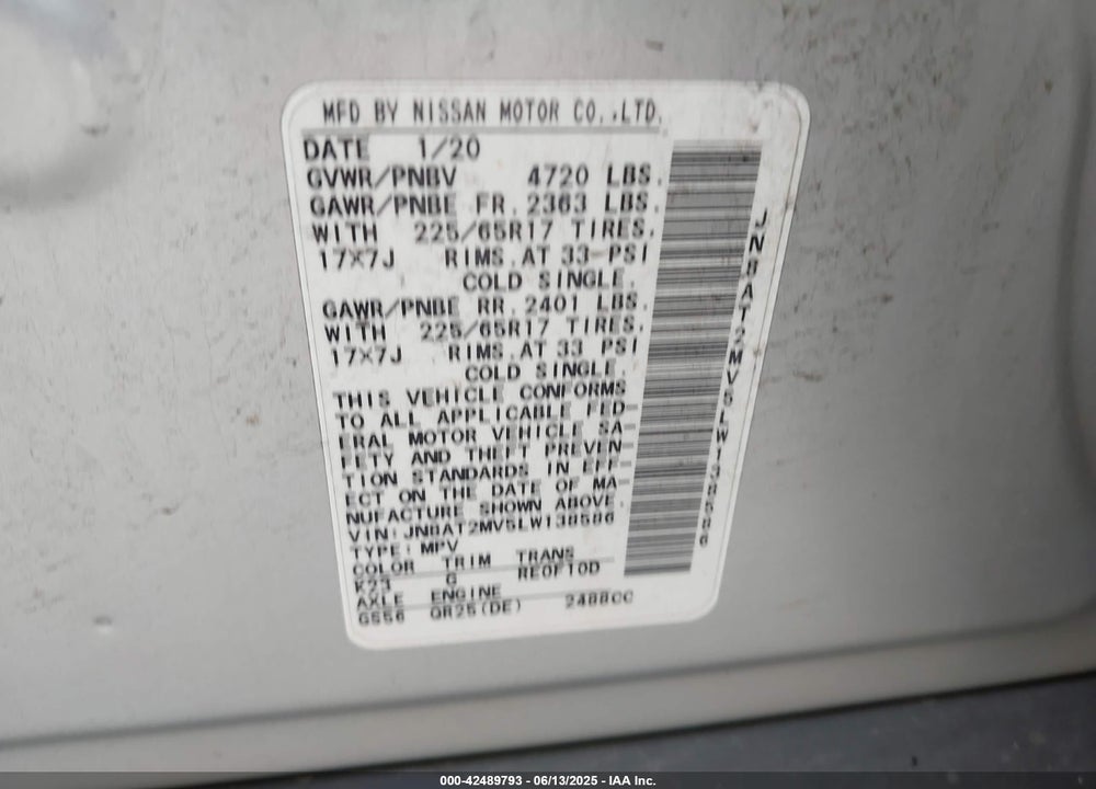 2020 NISSAN ROGUE VIN: JN8AT2MV5LW138586