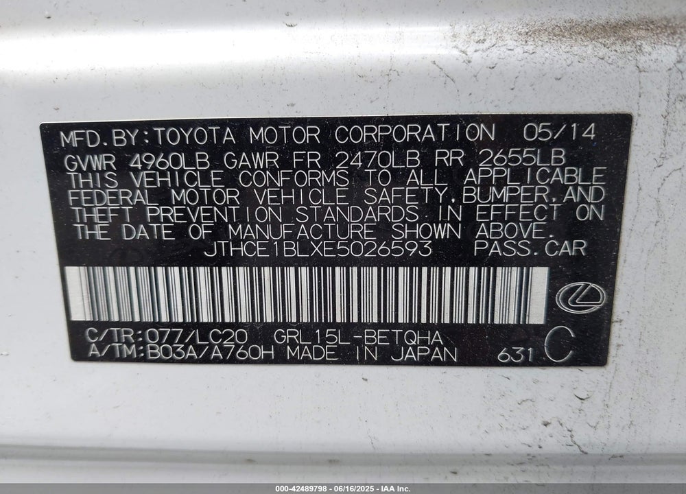 2014 LEXUS GS 350 VIN: JTHCE1BLXE5026593