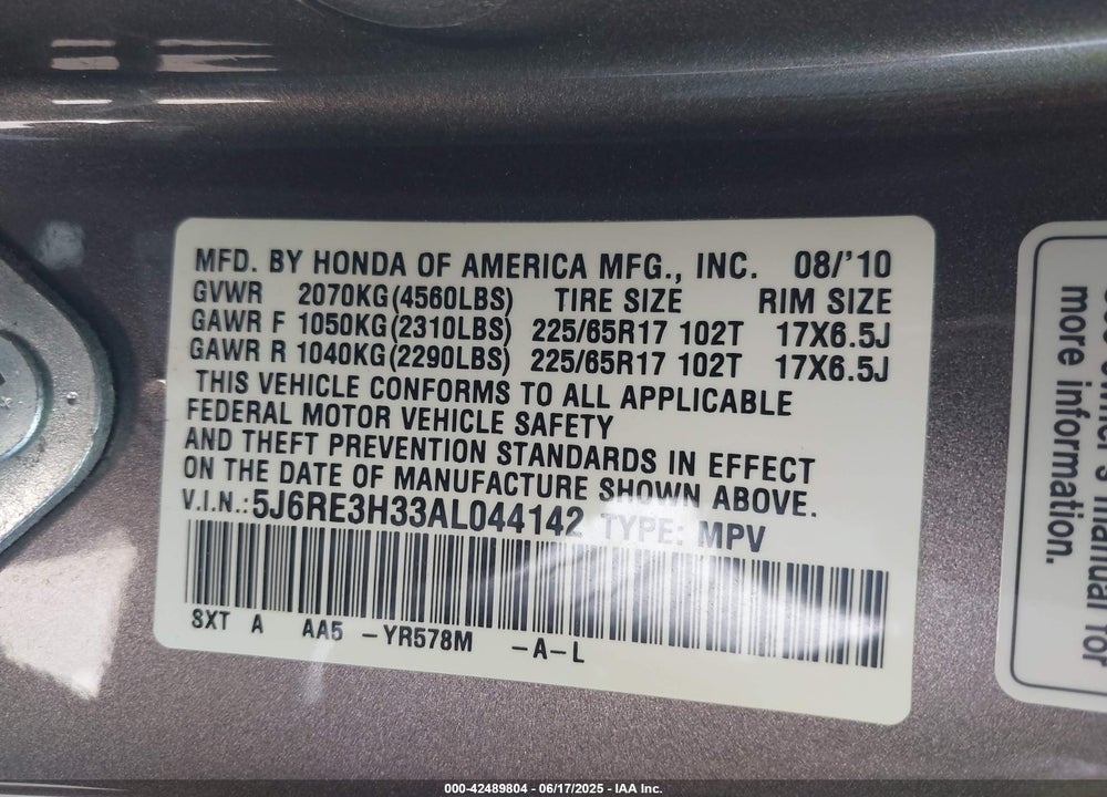 2010 HONDA CR-V VIN: 5J6RE3H33AL044142