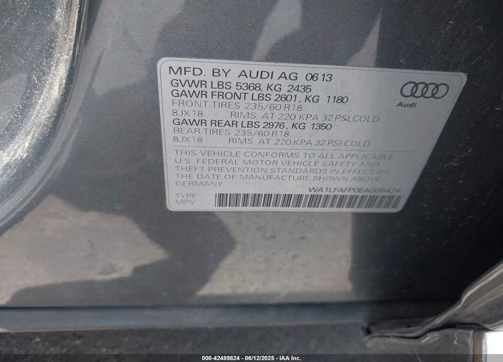 2014 AUDI Q5 VIN: WA1LFAFP0EA008424