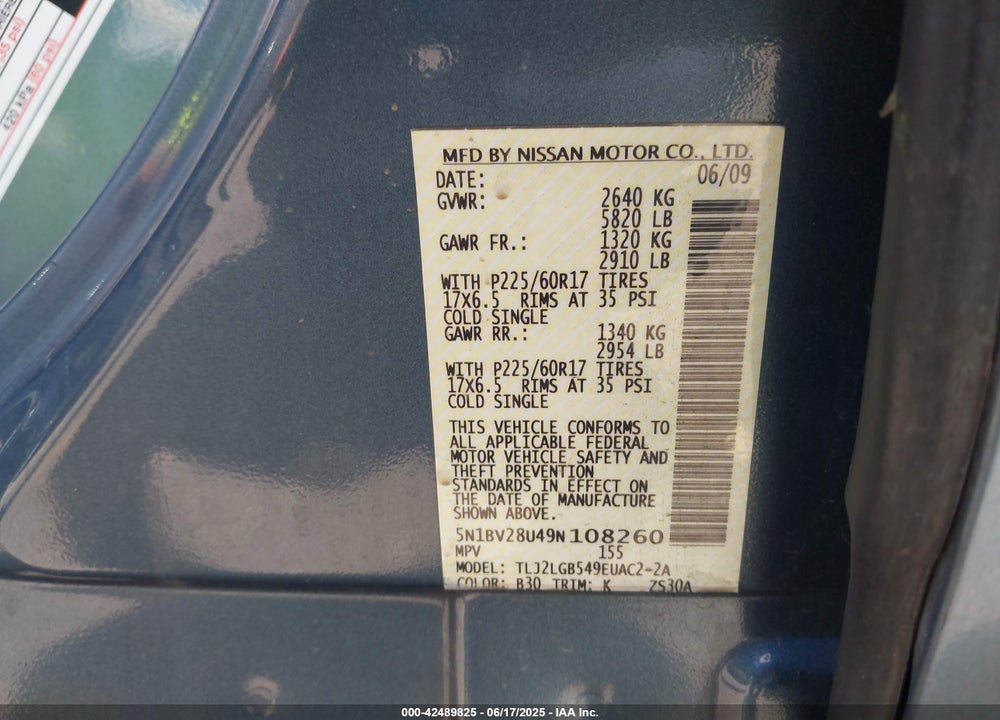 2009 NISSAN QUEST 3.5 SE VIN: 5N1BV28U49N108260