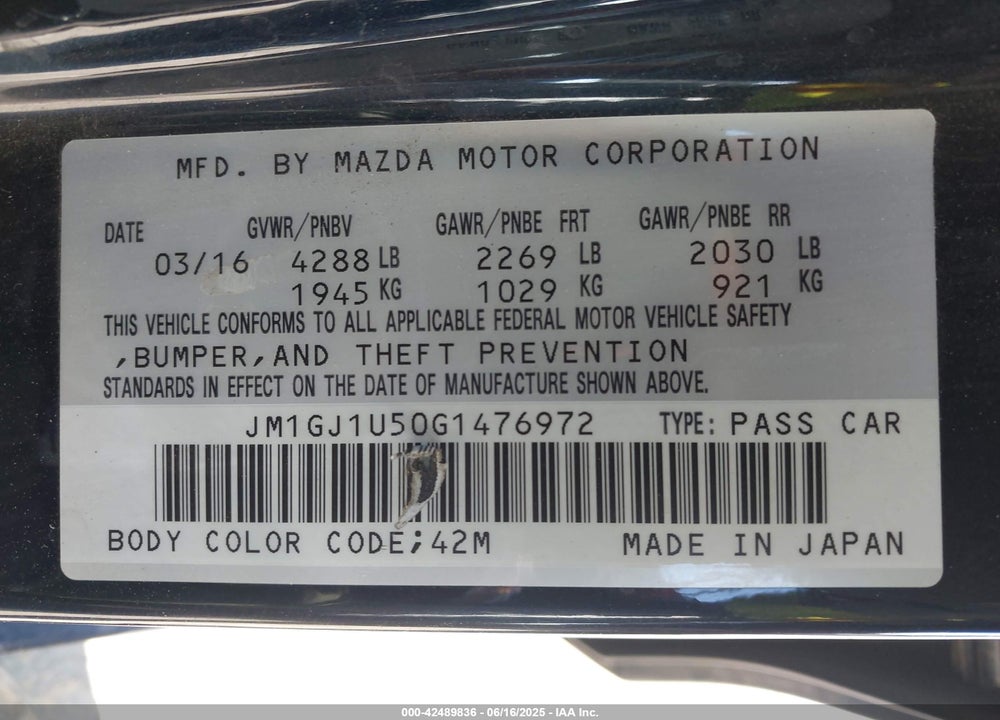 2016 MAZDA 6 VIN: JM1GJ1U50G1476972