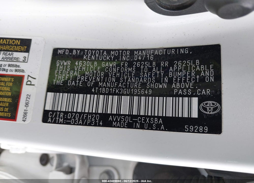 2016 TOYOTA CAMRY HYBRID SE VIN: 4T1BD1FK3GU195649