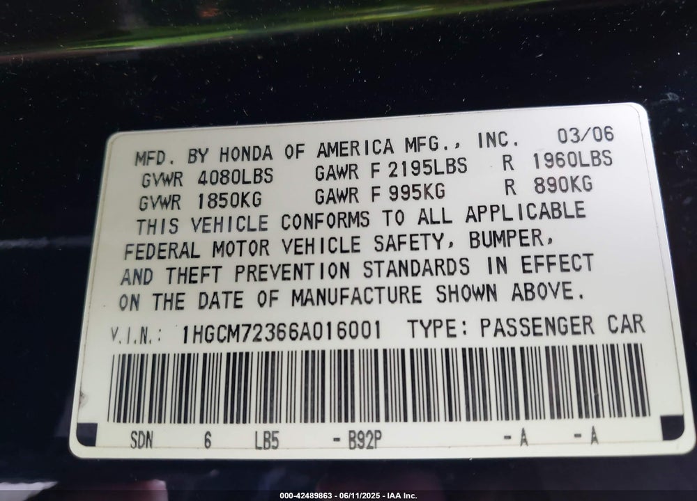 2006 HONDA ACCORD 2.4 LX VIN: 1HGCM72366A016001