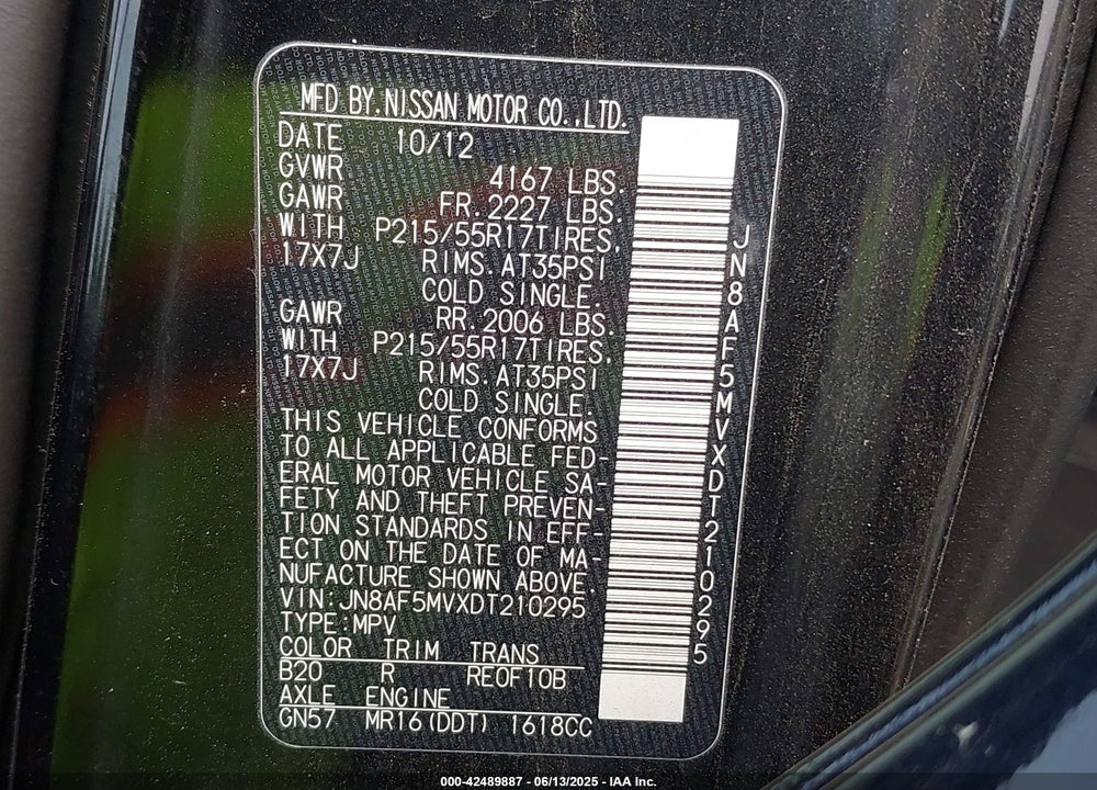 2013 NISSAN JUKE VIN: JN8AF5MVXDT210295
