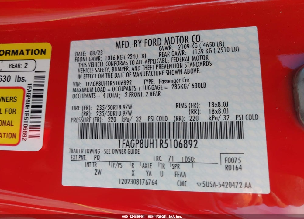 2024 FORD MUSTANG ECOBOOST VIN: 1FAGP8UH1R5106892