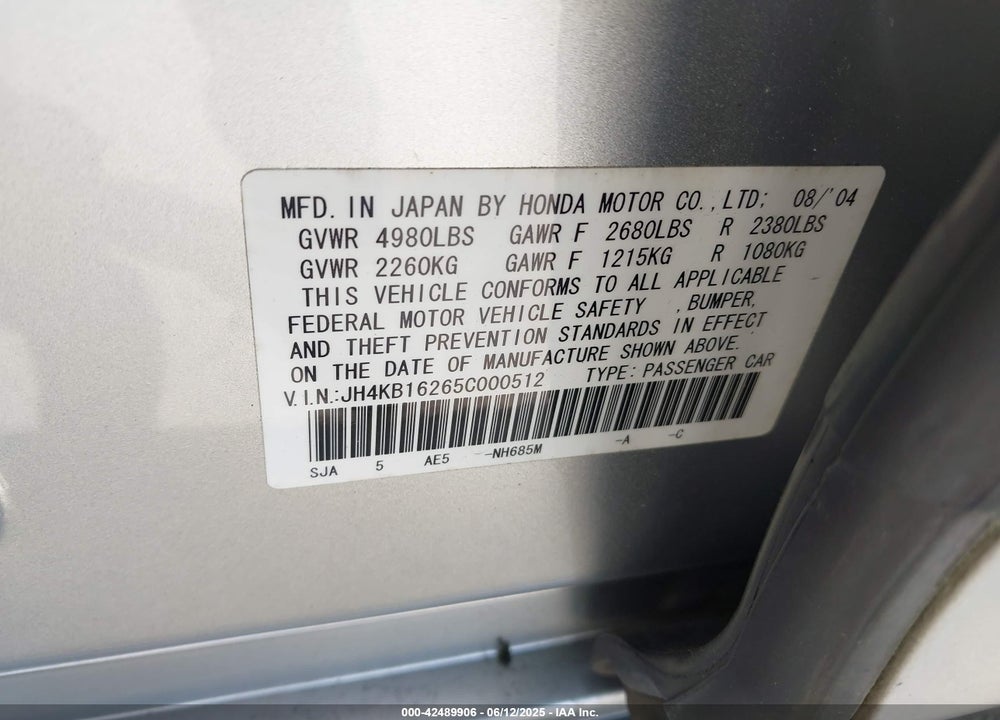 2005 ACURA RL 3.5 VIN: JH4KB16265C000512