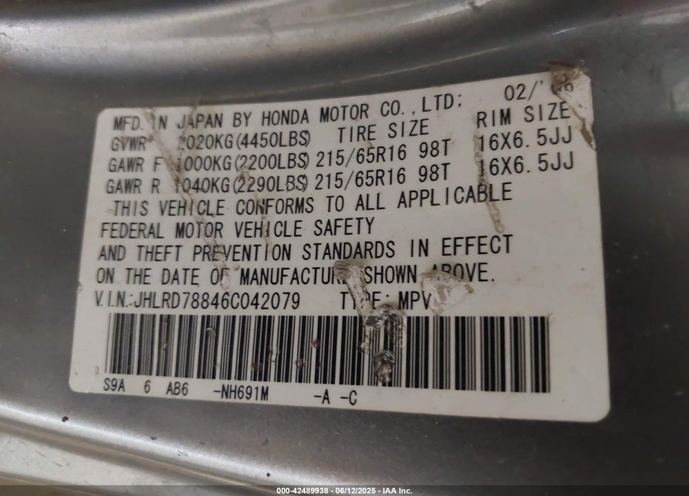 2006 HONDA CR-V EX VIN: JHLRD78846C042079