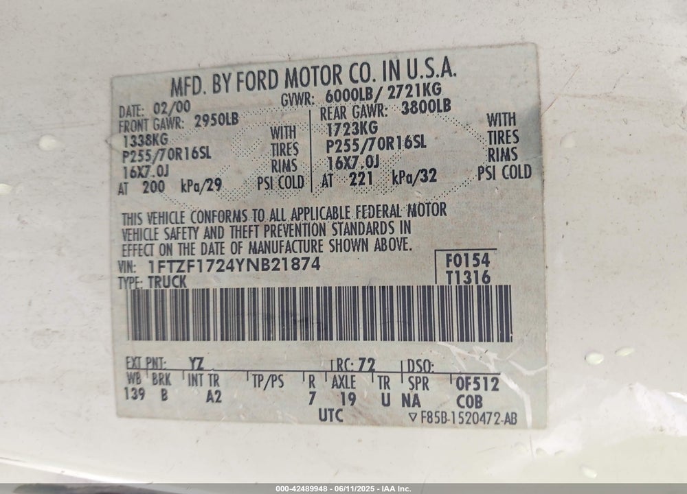 2000 FORD F-150 WORK SERIES/XL/XLT VIN: 1FTZF1724YNB21874