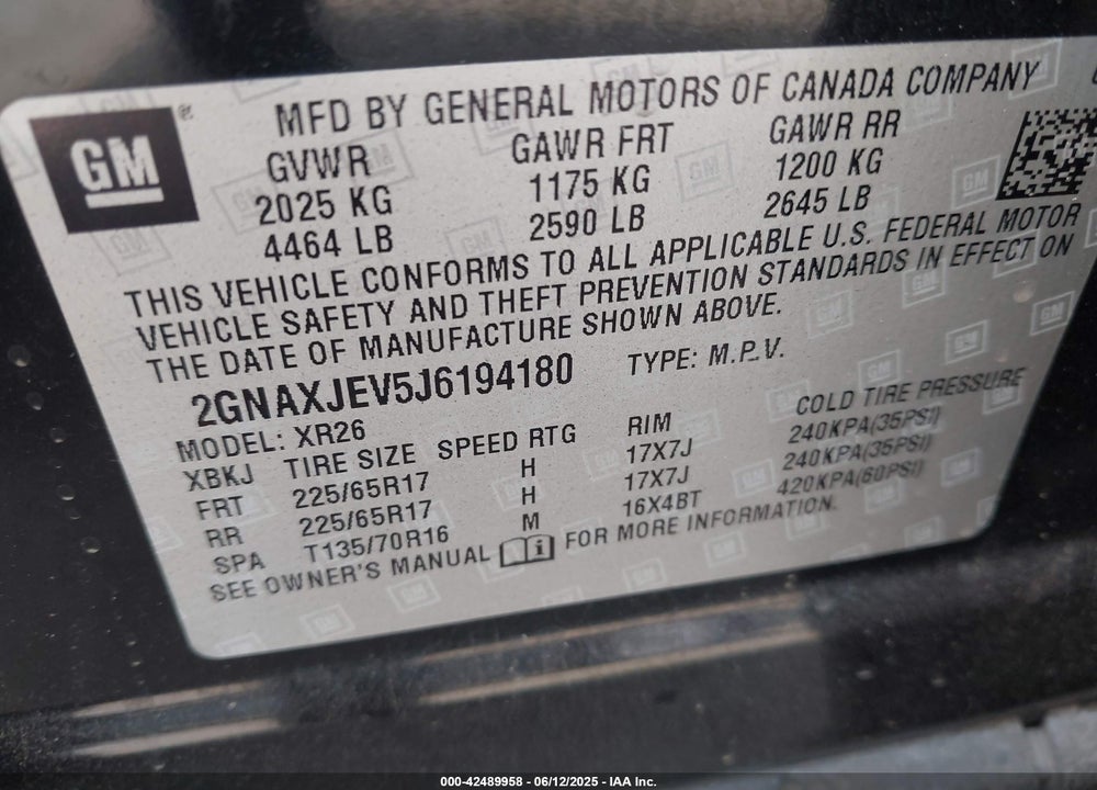 2018 CHEVROLET EQUINOX VIN: 2GNAXJEV5J6194180