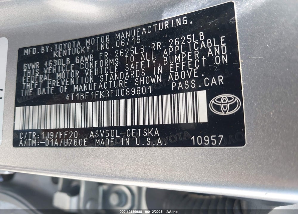 2015 TOYOTA CAMRY VIN: 4T1BF1FK3FU089601