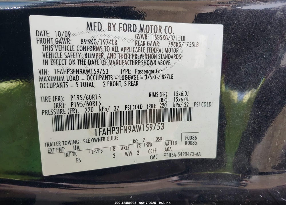 2010 FORD FOCUS VIN: 1FAHP3FN9AW159753