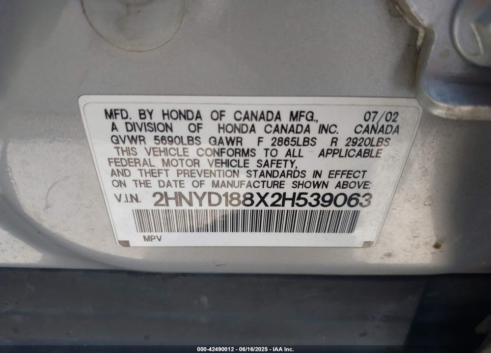 2002 ACURA MDX VIN: 2HNYD188X2H539063