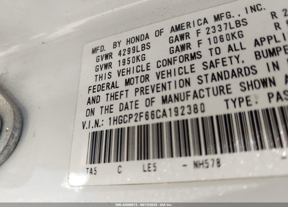 2012 HONDA ACCORD VIN: 1HGCP2F66CA192380