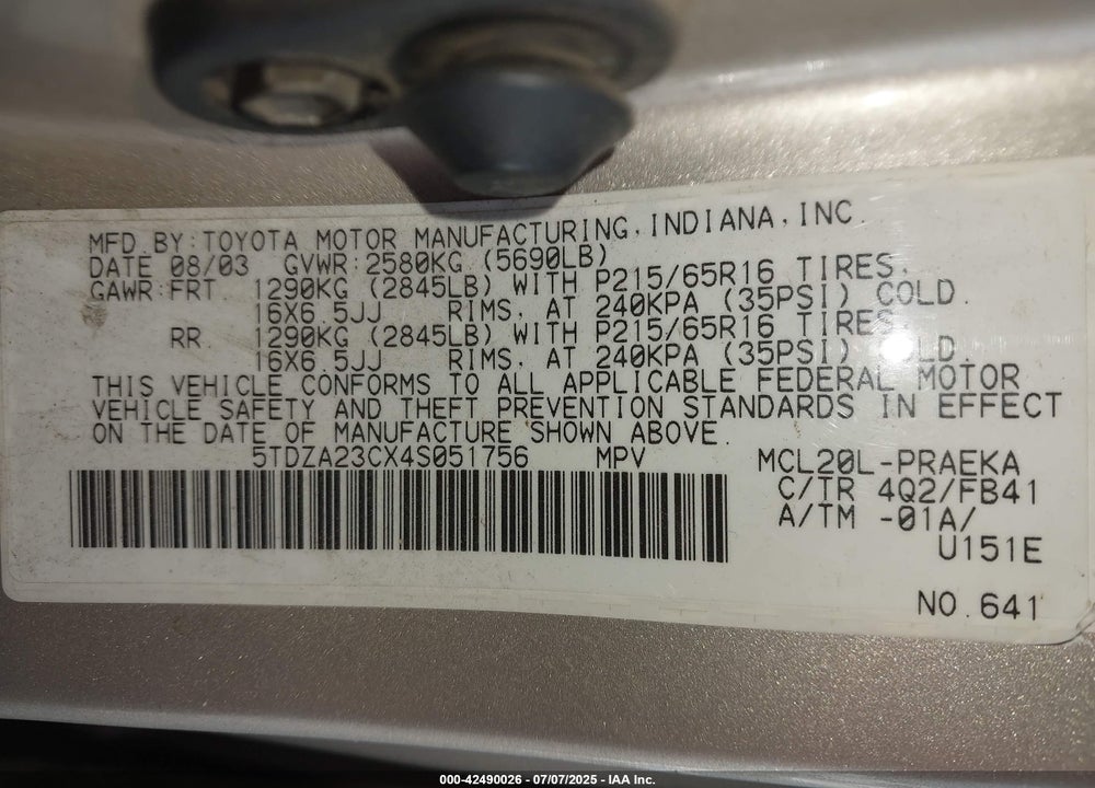 2004 TOYOTA SIENNA VIN: 5TDZA23CX4S051756