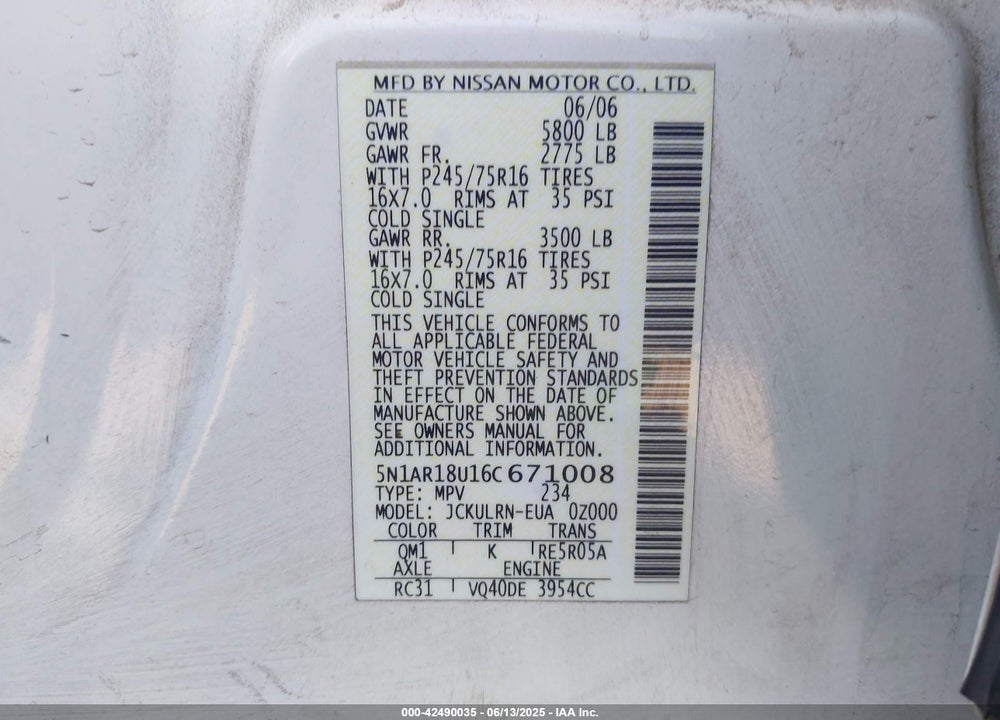 2006 NISSAN PATHFINDER S VIN: 5N1AR18U16C671008