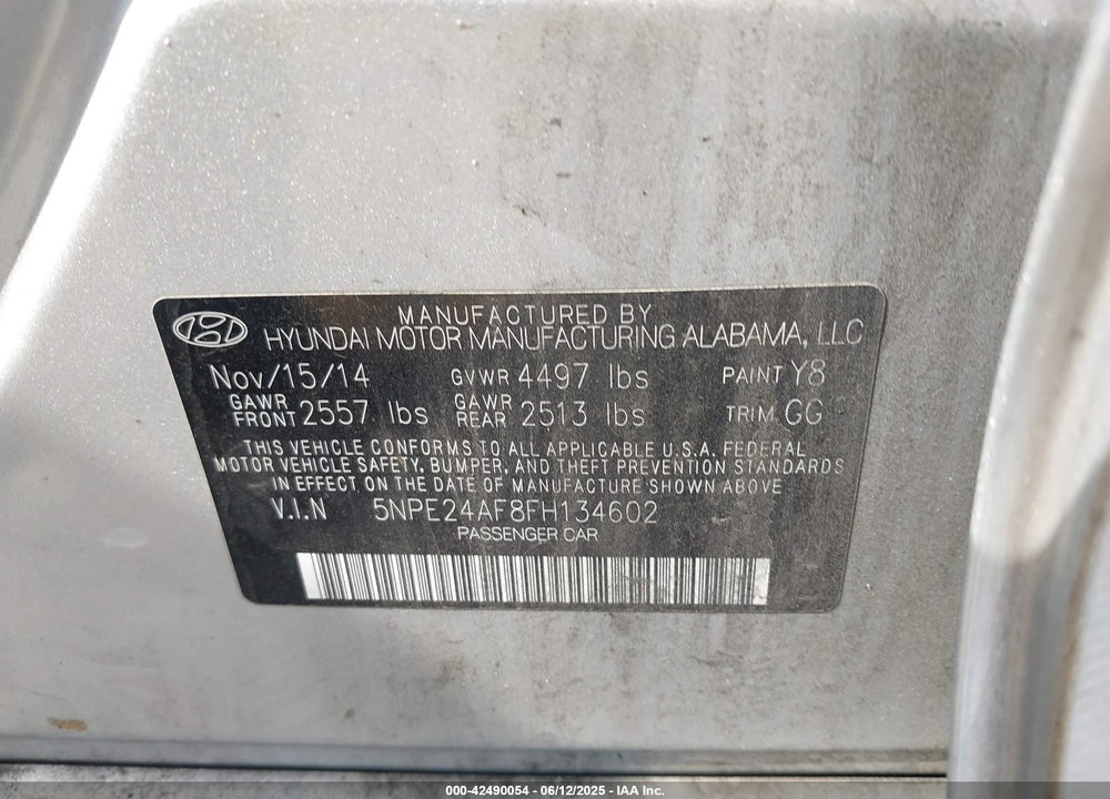 2015 HYUNDAI SONATA SE VIN: 5NPE24AF8FH134602