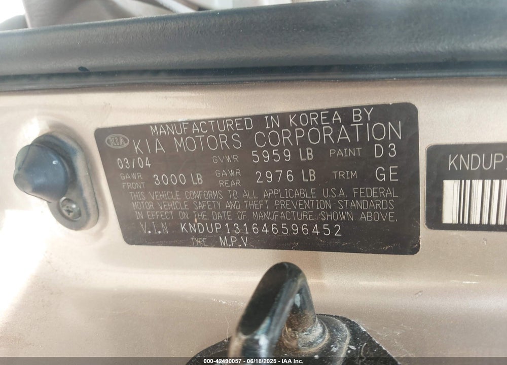 2004 KIA SEDONA EX/LX VIN: KNDUP131646596452