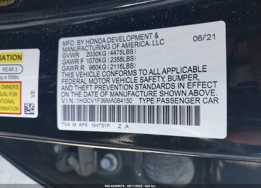 2021 HONDA ACCORD VIN: 1HGCV1F39MA084150