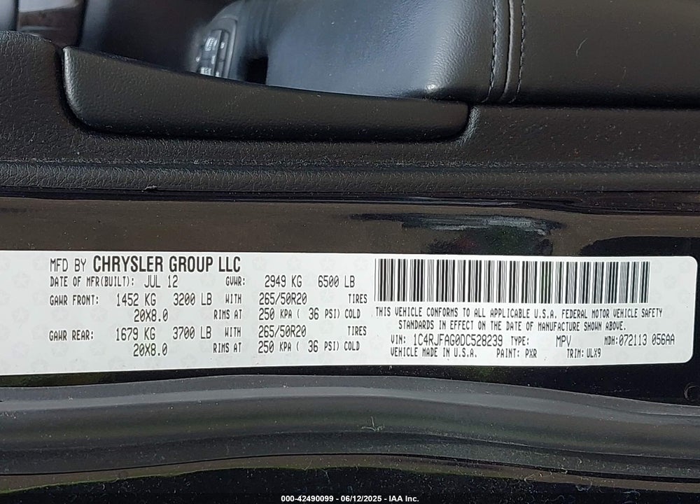 2013 JEEP GRAND CHEROKEE VIN: 1C4RJFAG0DC528239